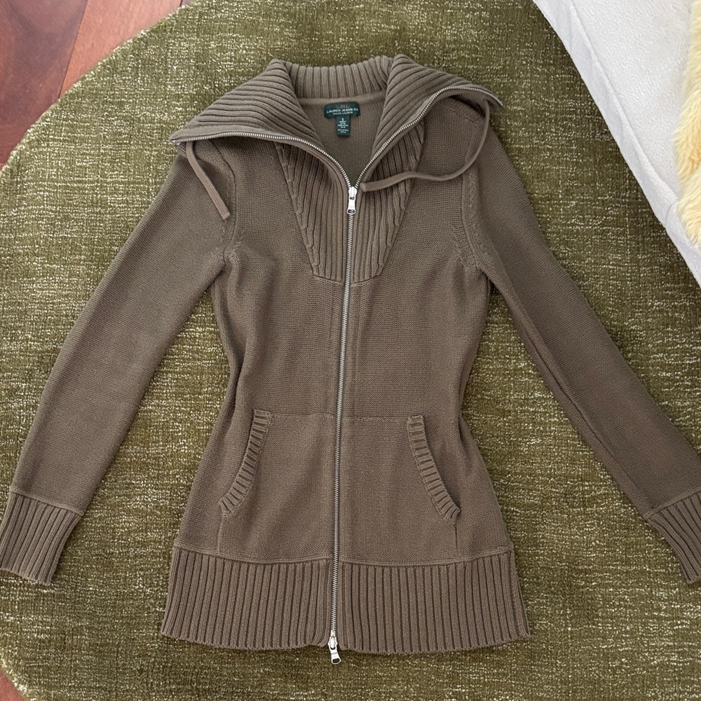 Vintage Ralph Lauren Olive Green/ Brown Zip-Up Sweater with Hood